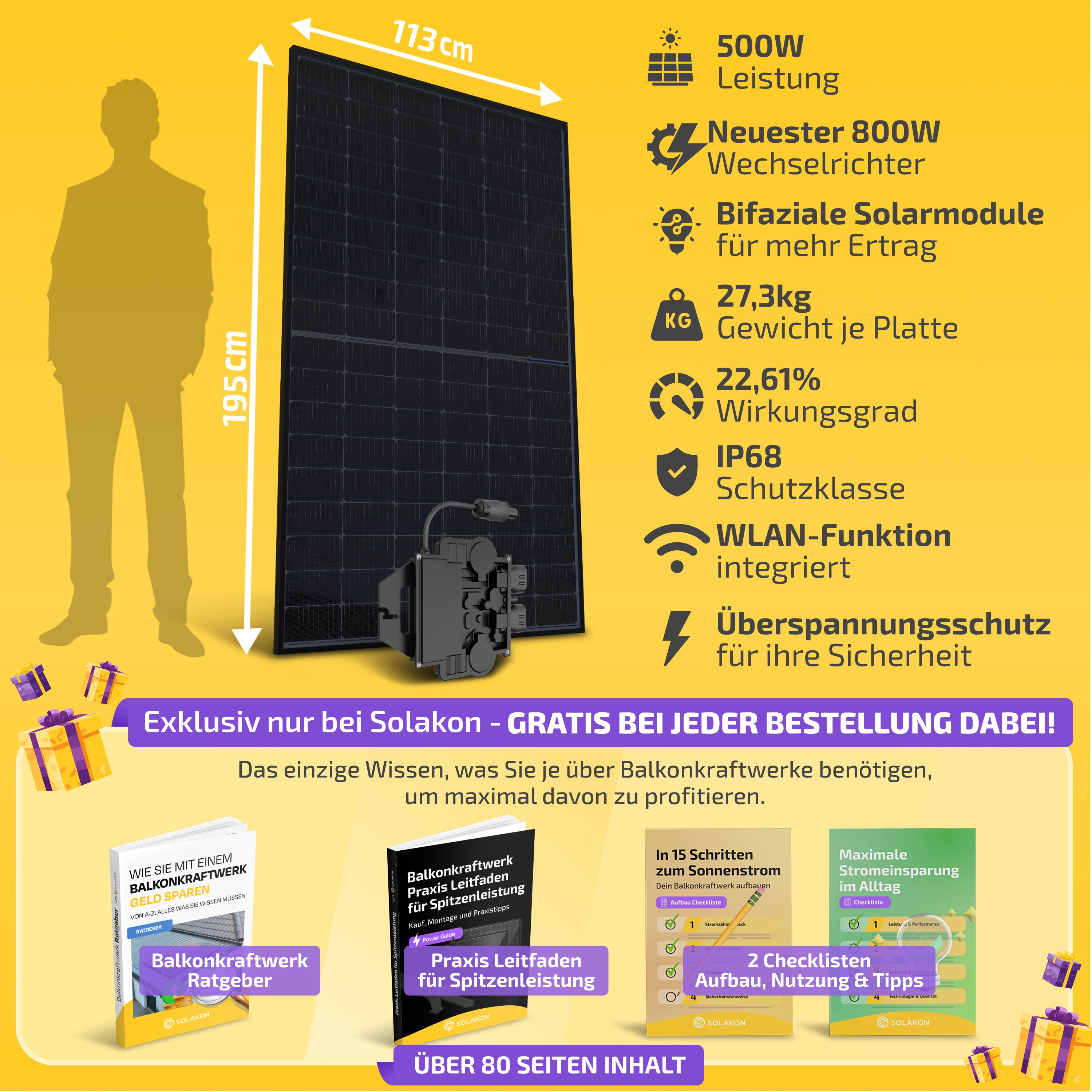 Balkonkraftwerk 2000W/800W Solaranlage mit Balkon Halterung Steckerfertig Komplettset Photovoltaik Anlage 800W, Kabellänge: 5m