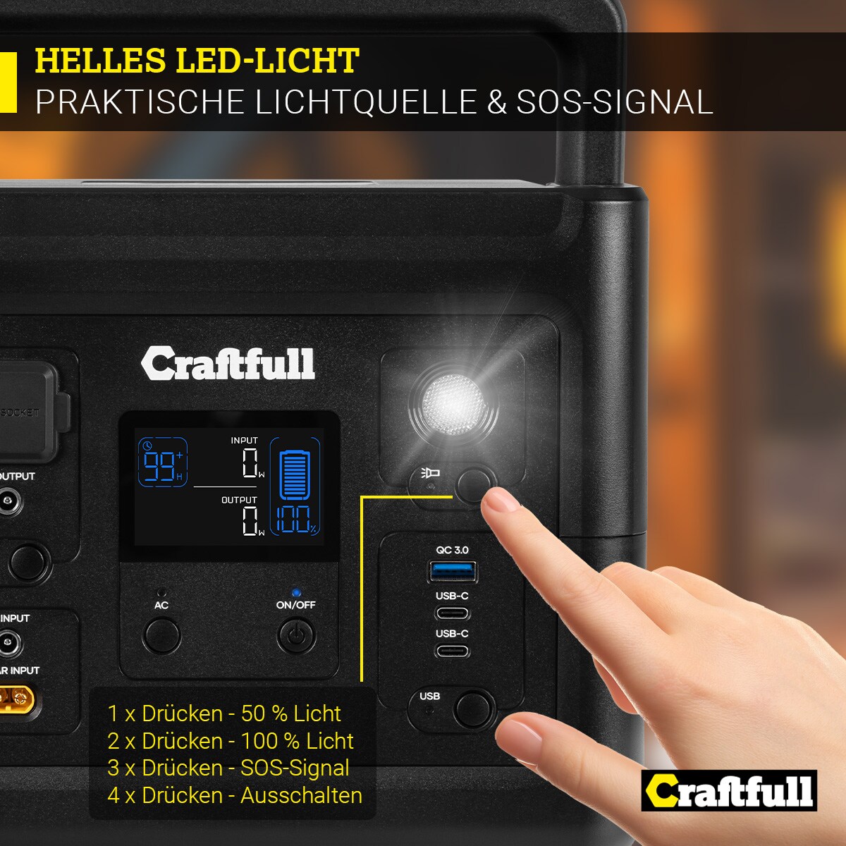Craftfull Powerstation Fast Charge PS500, 500 Watt, tragbar, Lithium-Akku, USB, 12 V, 230 V, MPPT