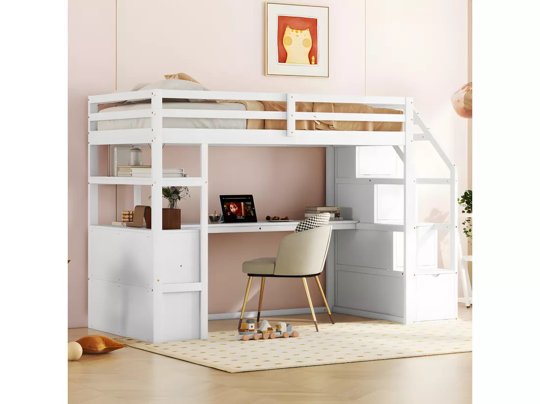 Lit mezzanine 90x200 cm - avec bureau et échelle de rangement - Blanc