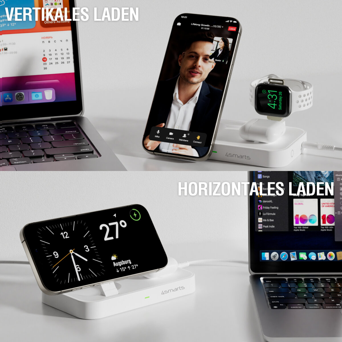 (25W) 3in1 Qi2 Trident MagSafe Wireless Charger Ladegerät inkl. (30W) Netzteil   USB C Kabel (4S540994) - Weiss