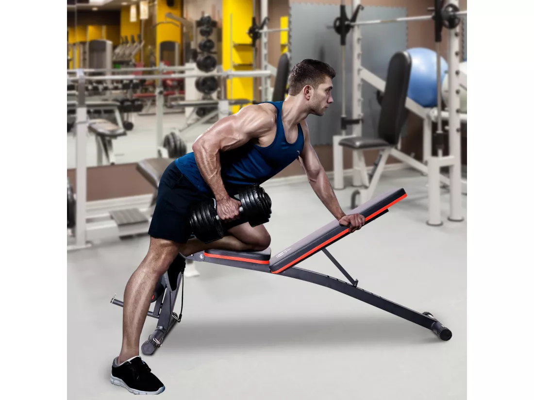 Banc de musculation pliable inclinable réglable 160L x 53l x 106H cm sangles élastiques + support haltères inclus acier noir rouge