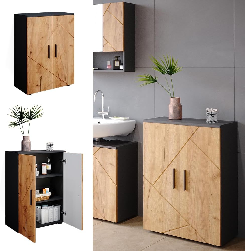 Vicco Midischrank Anthrazit/Goldkraft Eiche Irma 60x81x30 cm - Badezimmermöbel, Zwei Türen bieten verdeckten Stauraum für Pflegeprodukte & Handtücher