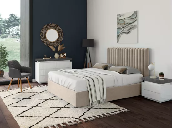 Lit coffre 160 x 200 cm avec tête de lit coutures verticales - Tissu - Taupe - SARAH