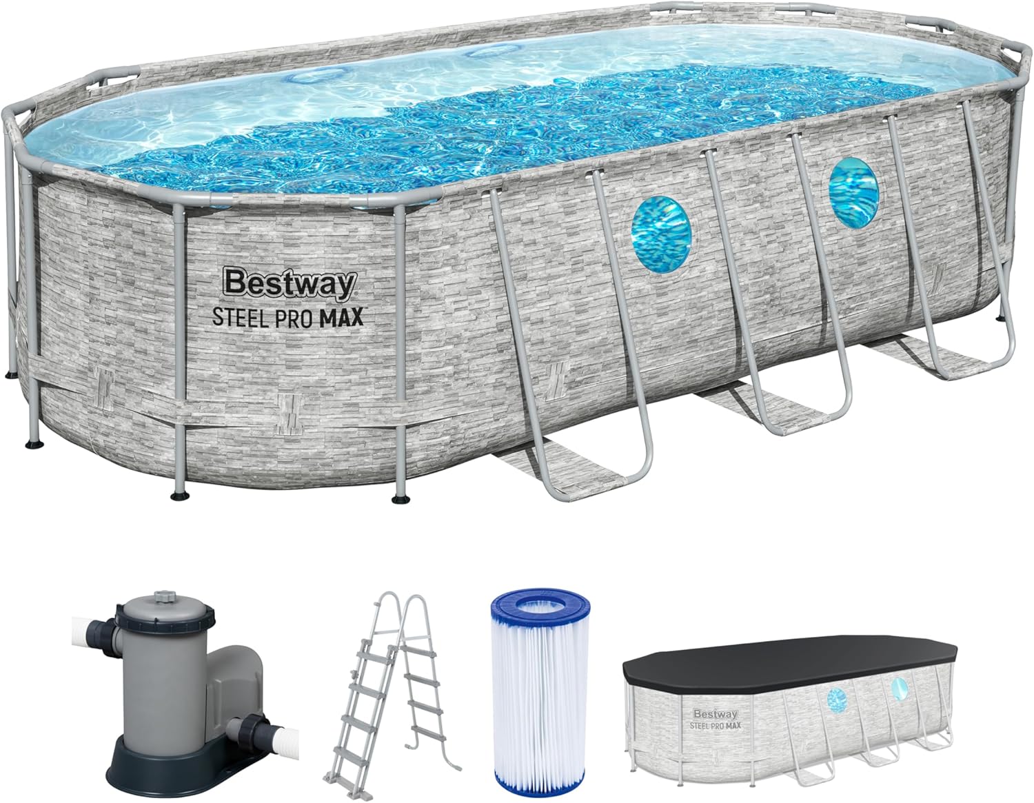 Bestway Power Steel Swim Vista Series Frame Pool Komplett-Set mit Filterpumpe 549 x 274 x 122 cm, Steinwand-Optik (Cremegrau), oval