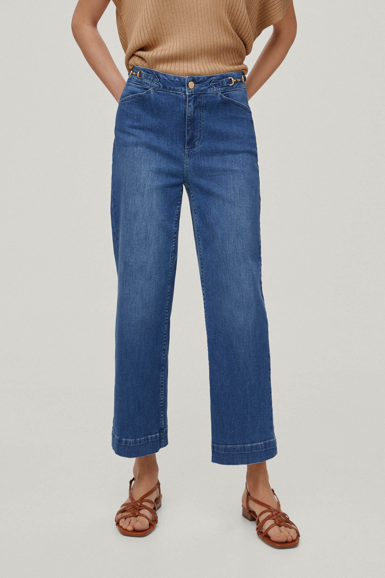 Calça jeans cropped de perna larga - Azul