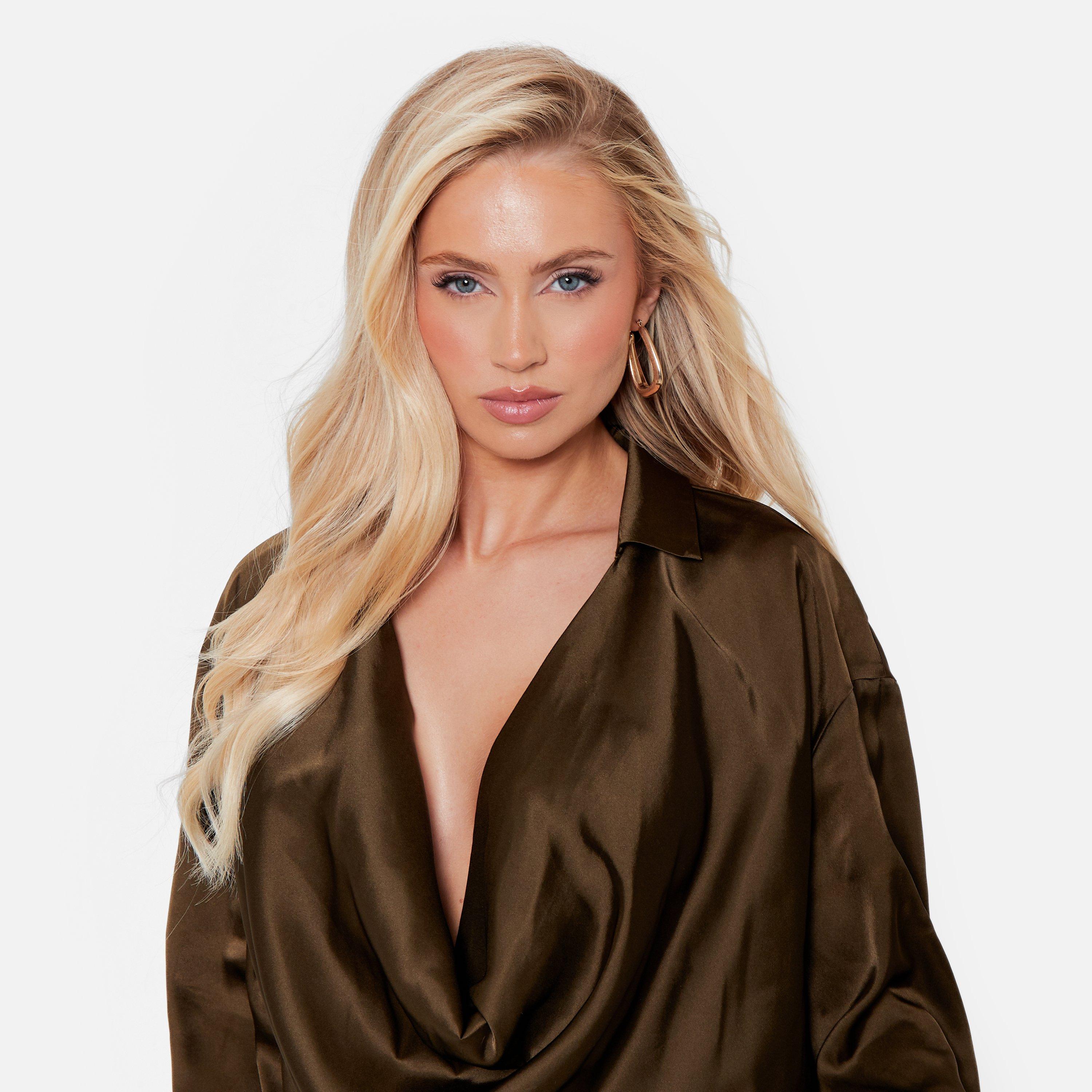 I Saw It First ISAWITFIRST Cowl Neck Plunge Satin Blouse