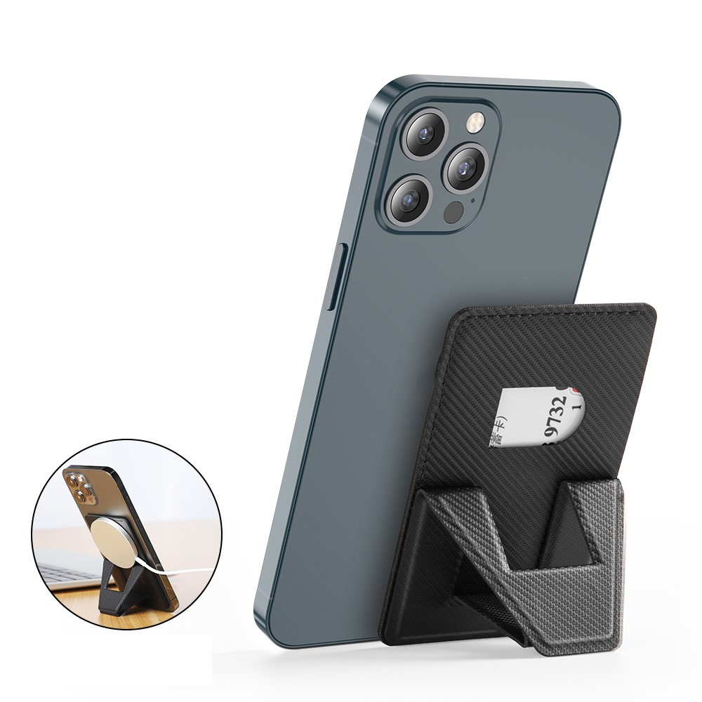 Universal Leder Wallet Pocket Stick-On Kartenfach mit Adhesive Klebe Pad   Aufstellfunktion - Schwarz / Grau