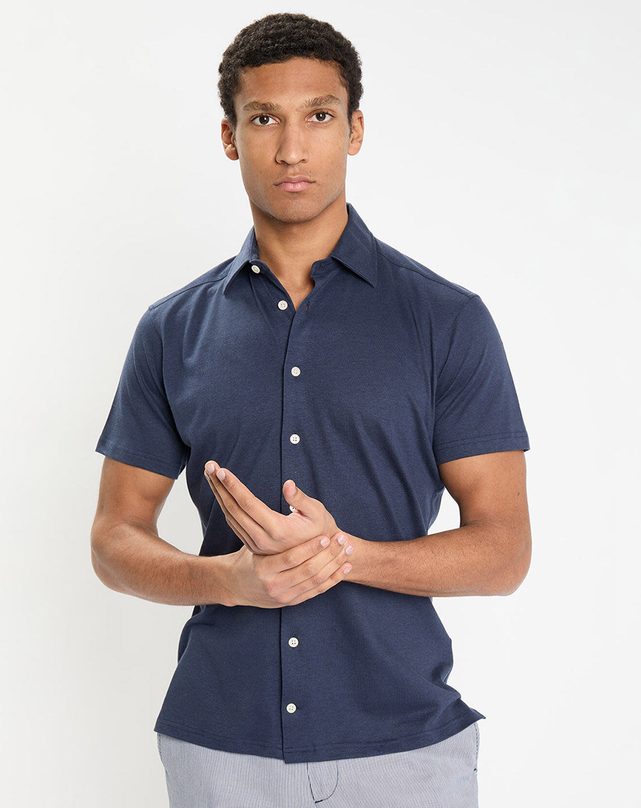Hackett London Chemise en Lin & Coton Slim Fit manches courtes Tricot bleue