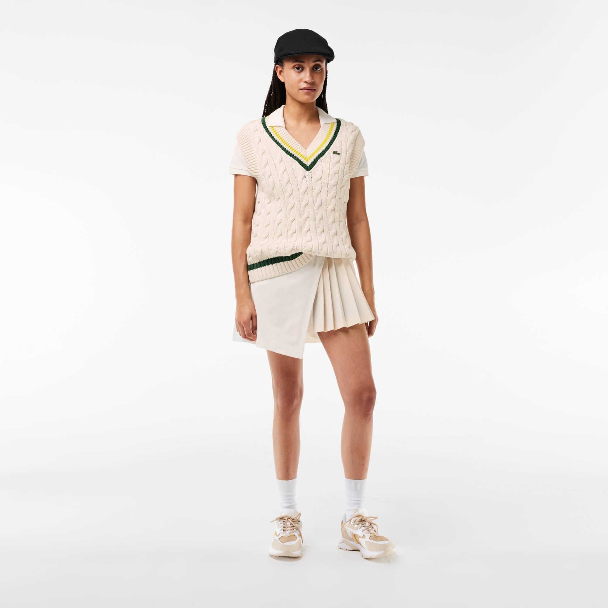 Weste aus Strickware im Zopfmuster mit Kontrastrand und V-Ausschnitt Pullover - Weiss - Lacoste - Damen