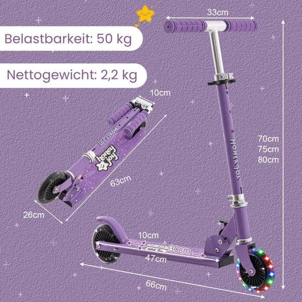 Barnescooter med LED hjul, høydejusterbar, barnescooter, byscooter, lilla