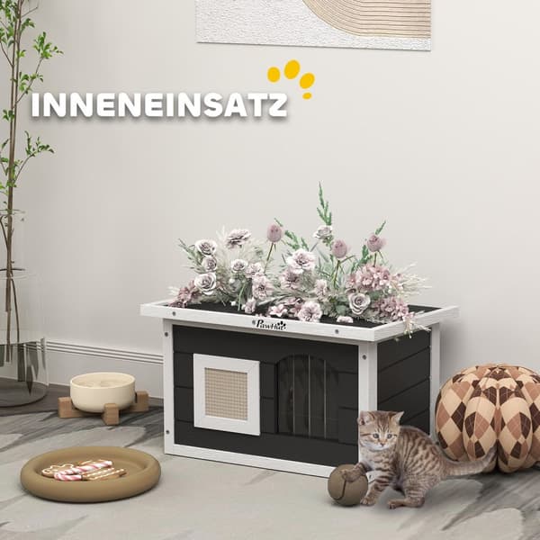 Kattehus i tre, kattehule med ripematte, dørklaff, værbestandig kattehus med foldetak, avtagbart gulv, for innendørs, utendørs, 61 x 45 x 36,5 cm, grå