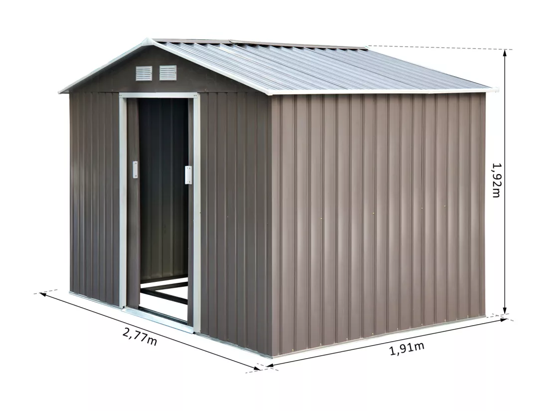 Abri de jardin - remise pour outils - cabanon double porte coulissante - fondation incluse - dim. 277L x 191l x 192H cm - tôle d'acier ondulée grise