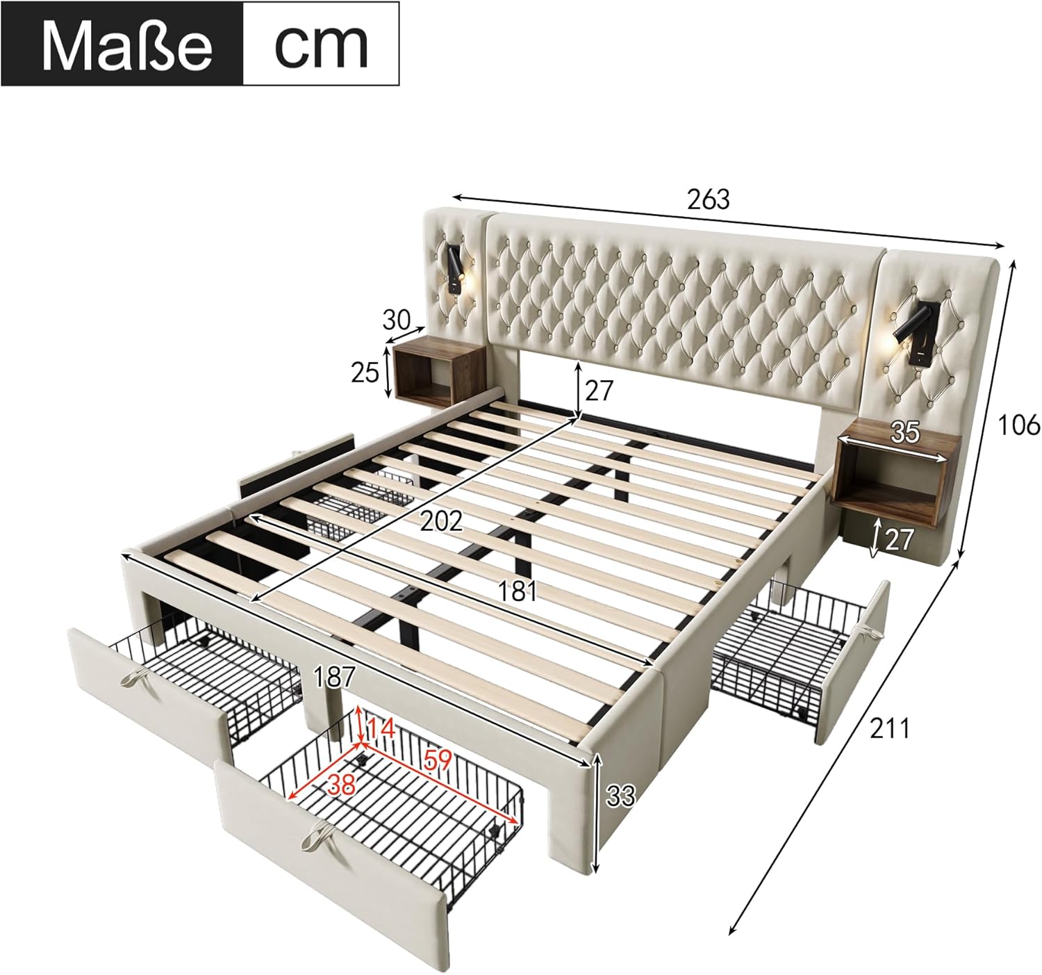 Polsterbett Doppelbett Bettanlage 180x200 cm, Schlafzimmer Komplett Set mit 2x Nachtkommoden und 4 Schubladen, LED Kopfteil Stauraumbett mit Leselicht & USB Ladefunktion, Samt, Ohne Matratze, Beige