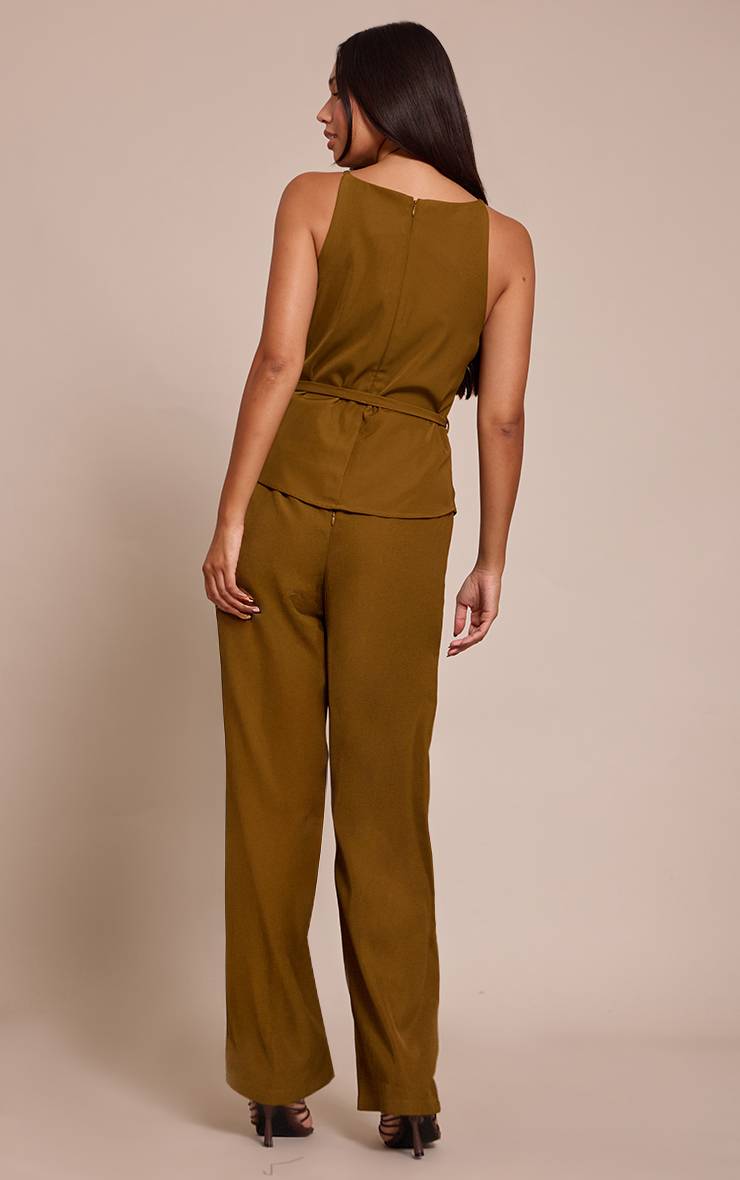 Kaki Combinaison Pantalon Droit En Tissu Tissé Avec Ceinture Nouée