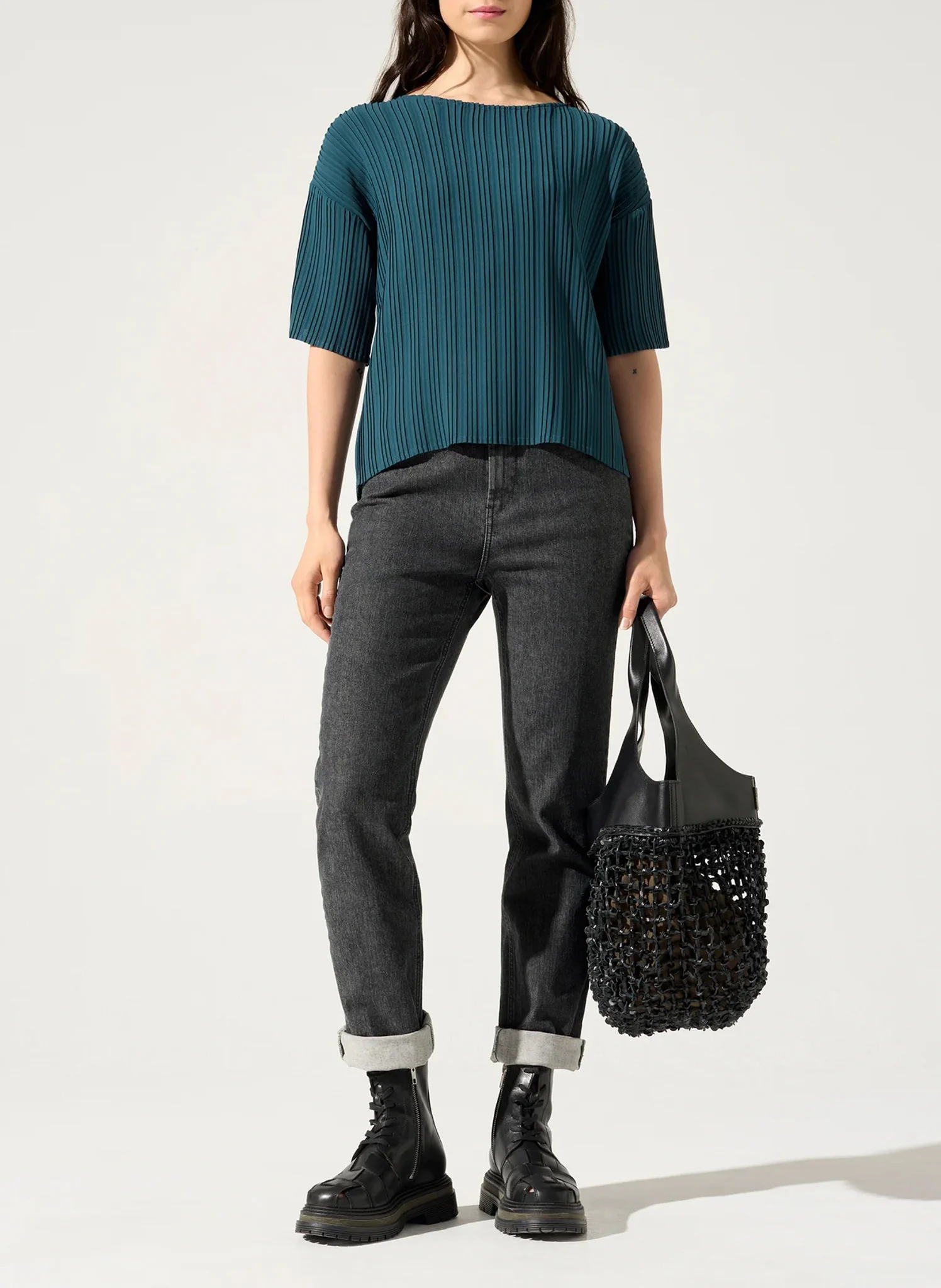 Blouse col rond plissé | Bleu