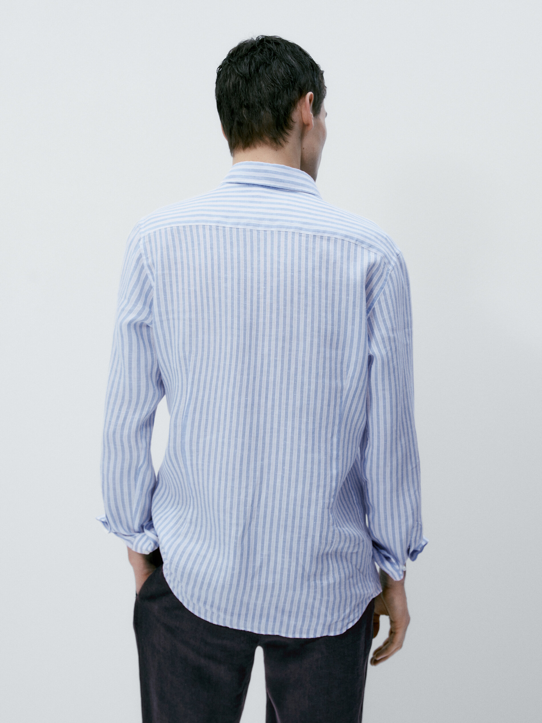 Rayas camisa mezcla linho algodón slim fit - LIGHT BLUE