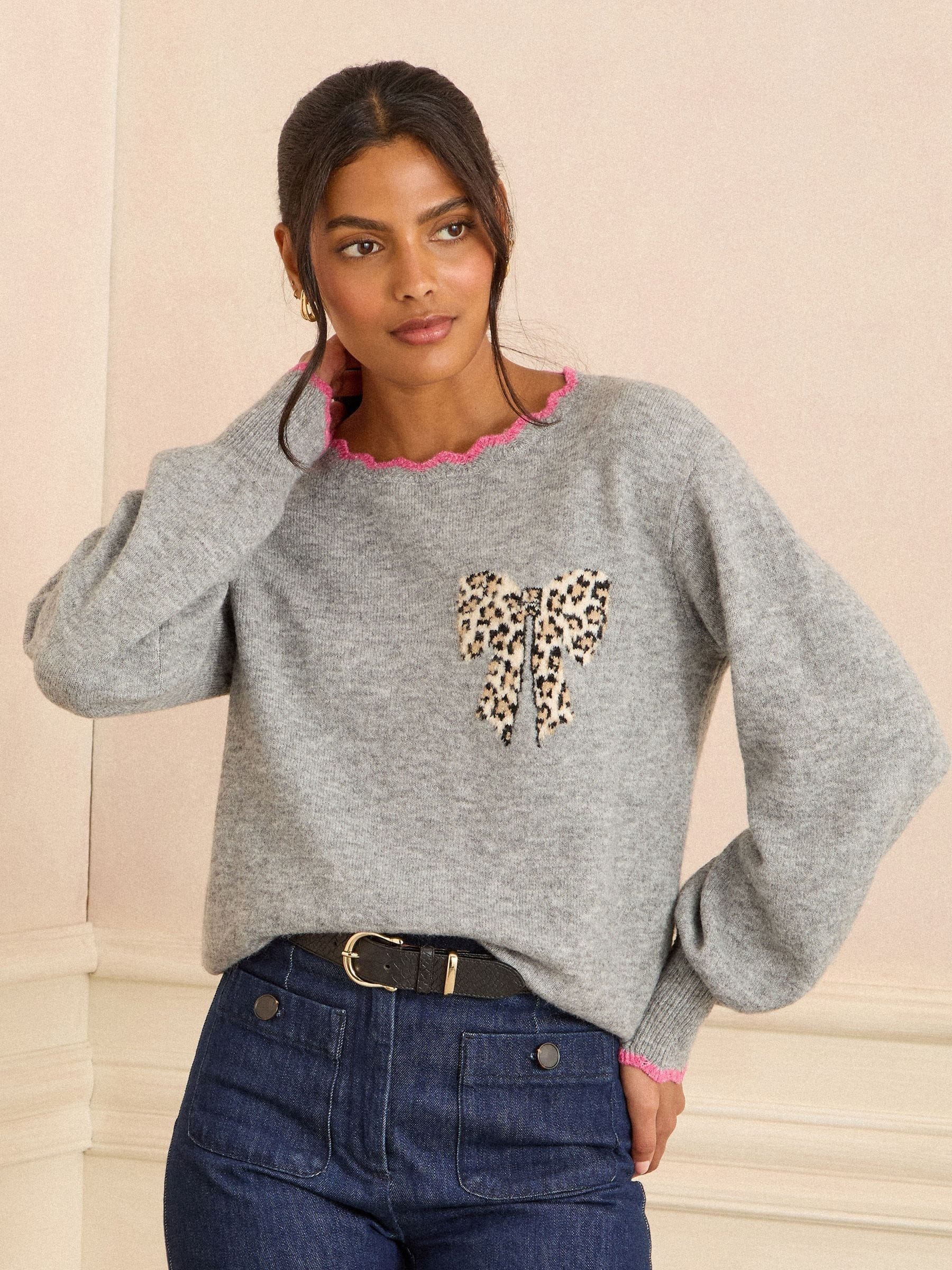 Grey Leopard Print Bow - Love & Roses Scallop Knitted Jumper