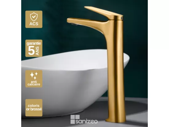 Robinet Mitigeur de Lavabo Bec Haut anti-calcaire Or Brossé IMEX DELOS BDD055-3OC