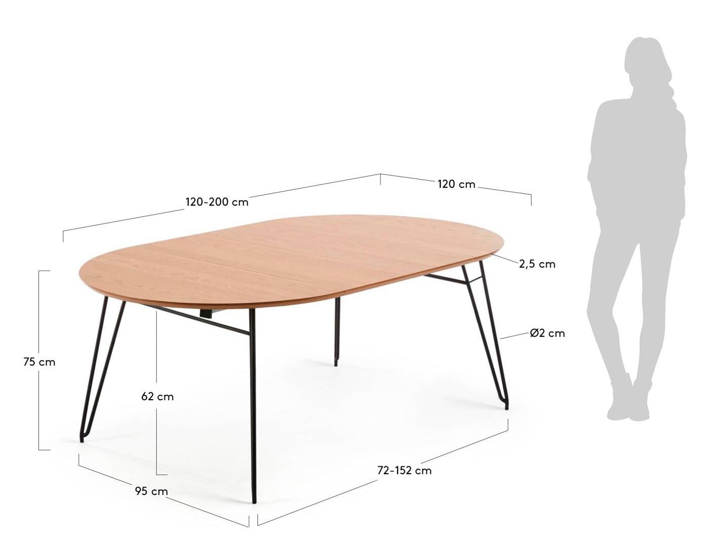 Kave Home Esstisch rund NOVAC 120-200 x 120 cm Eiche furniert