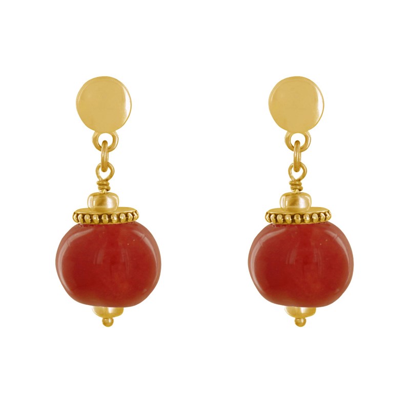 Boucles d'Oreilles Clous Métal Doré et Grosses Perles en Céramique