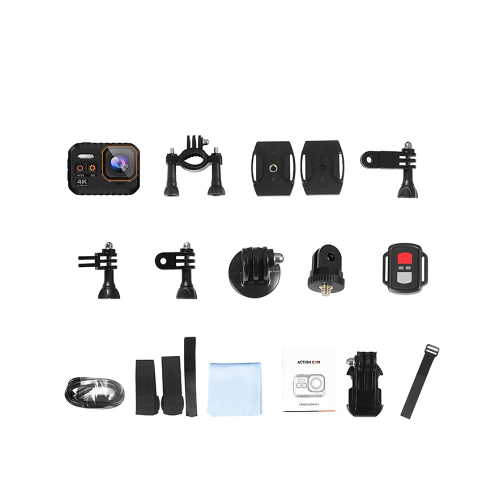 4K@60fps Ultra HD Action Cam WiFi Kamera 170° Weitwinkel 2“ IPS Display Micro SD Kartenslot und Fernauslöser   Halterungen (IP44) - Schwarz