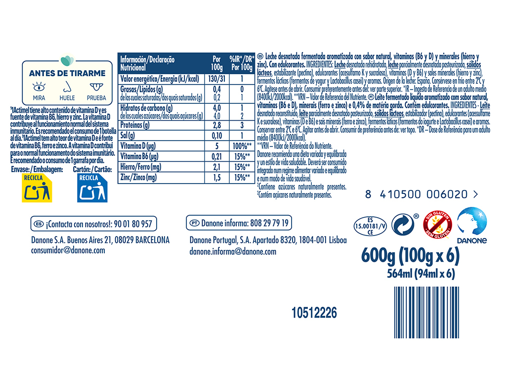 PROBIÓTICO ACTIMEL NATURAL 0% 6X100G