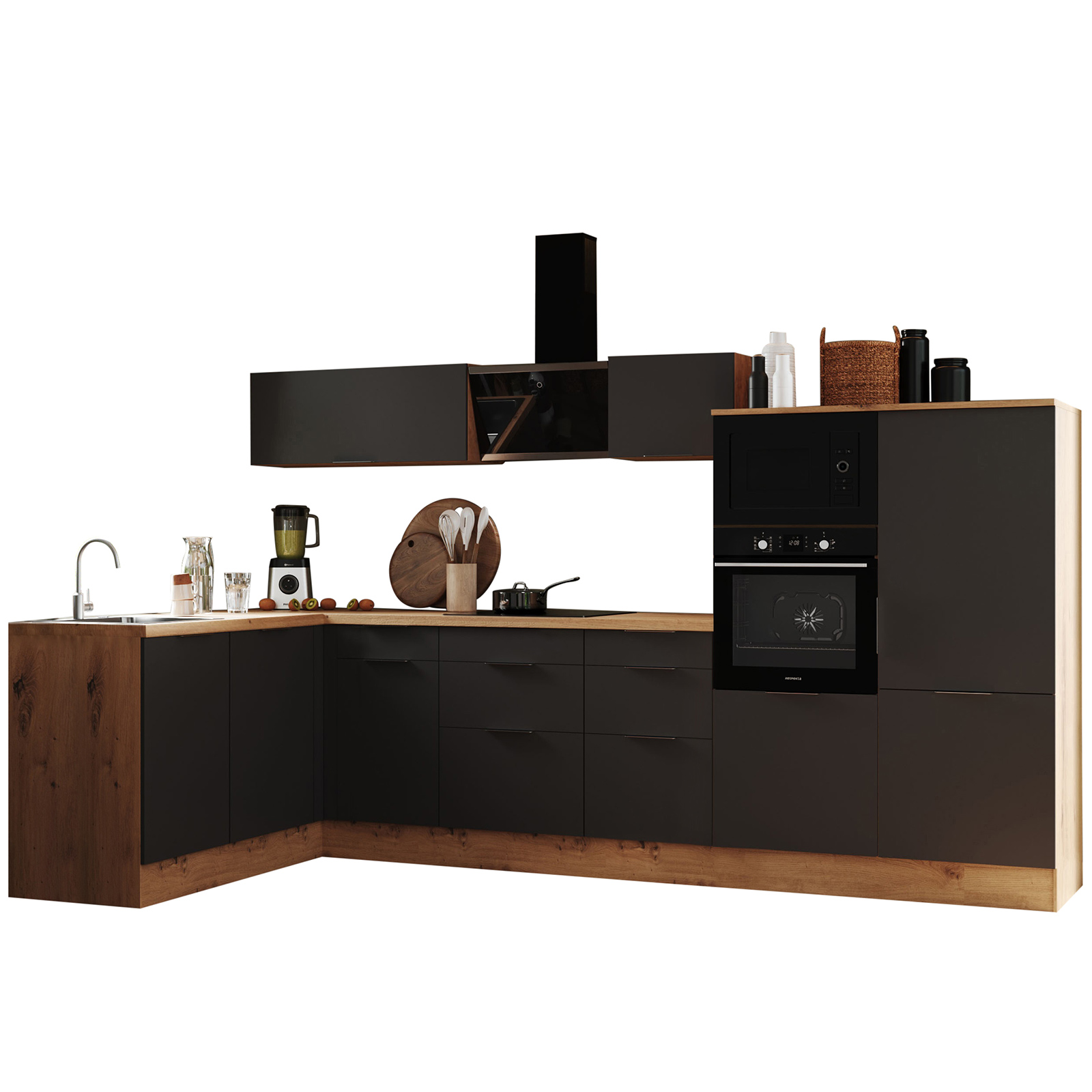 RESPEKTA Winkelküche - grau matt - Artisan Eiche - mit E-Geräten - 340x175 cm