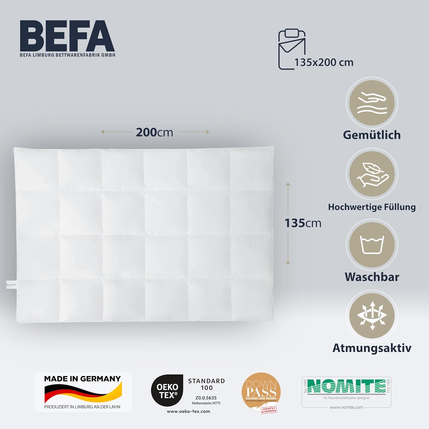 BEFA NATUR Reine Daunendecke Ganzjahr 135x200 cm | 100% Daunen | 560g Füllgewicht | Allergiker geeignet (NOMITE) | Tierwohl (DOWNPASS) | Oeko-TEX Klasse 1 | Made in Germany
