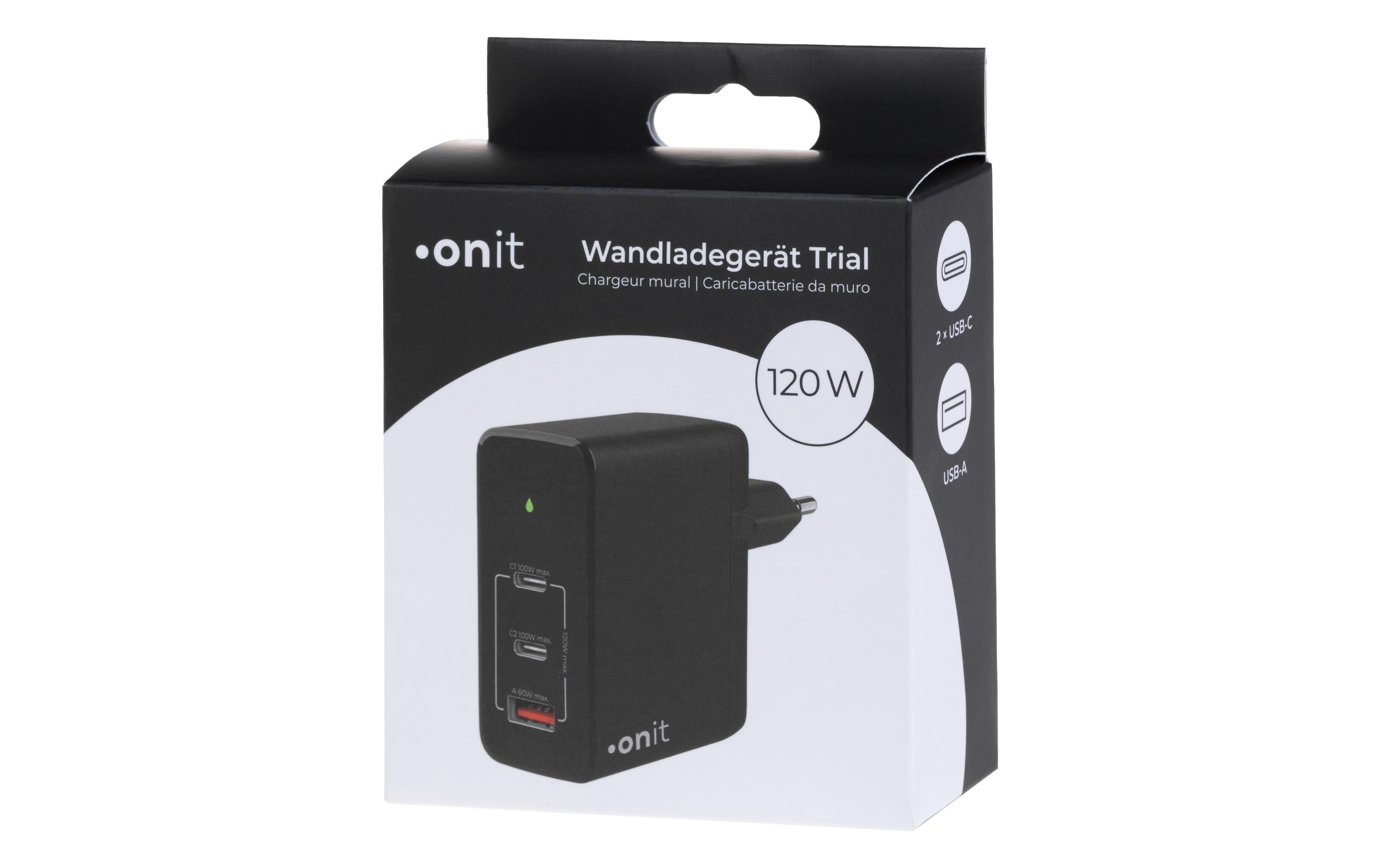 USB-Wandladegerät Trial QC5.0 120 W GaN SchwarzLadeadapter mit zwei USB-C-Ports und einem USB-A-Port