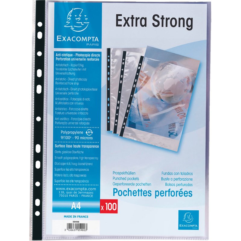 Pochettes perforées Exacompta A4 polypropylène lisse 9/100e - Etui de 100