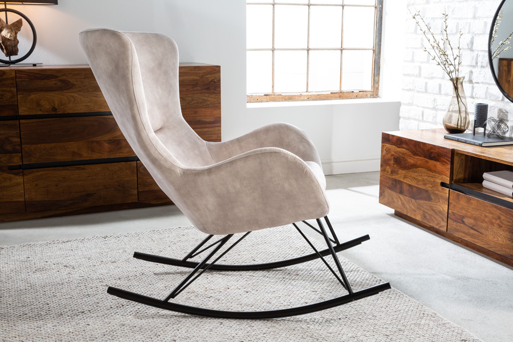 Design Schaukelstuhl SCANDINAVIA SWING champagner greige Samt Schaukelsessel