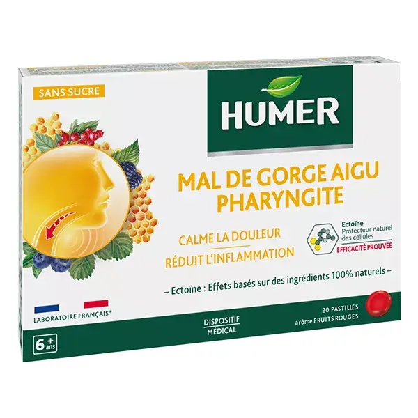 Humer Faringite Aguda de Garganta Vermelha, para crianças a partir de 6 anos, 20 pastilhas.