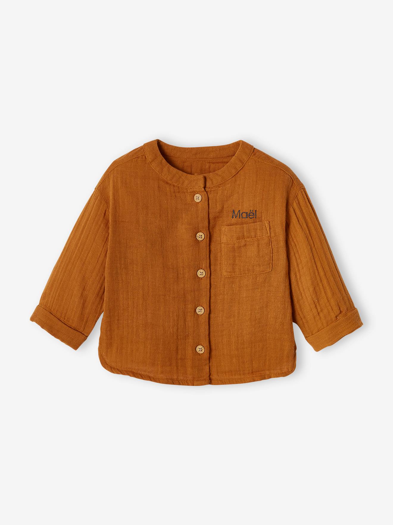 Camisa de algodão chiffon personalizável com gola mandarim para bebê.
