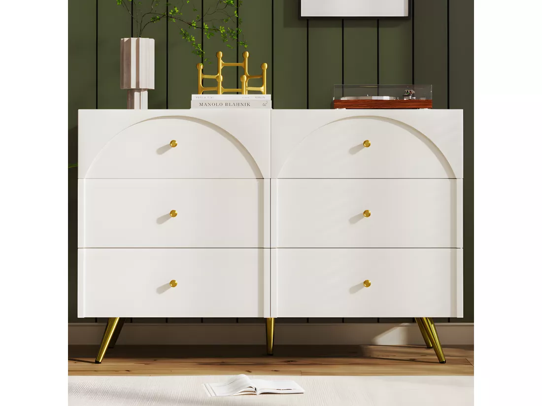 Commode avec 6 tiroirs - pieds dorés - en Panneaux de particules - Blanc