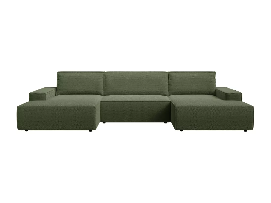 Grand canapé d'angle panoramique convertible en tissu texturé vert AMELIA