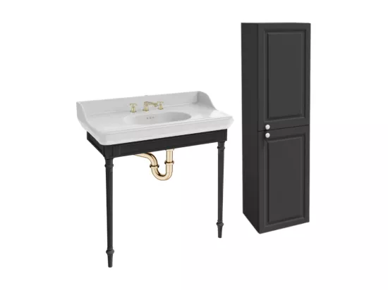 Console JACOB DELAFON Cléo 1889 avec plan vasque 3 trous + colonne droite + mélangeur croisillon lavabo or + siphon or