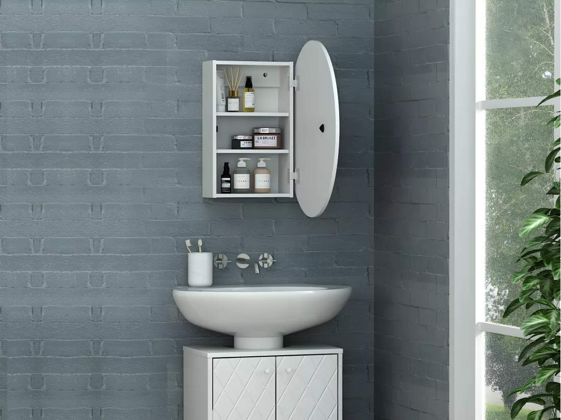 Armoire murale de salle de bain ovale avec miroir - Blanc - RURI
