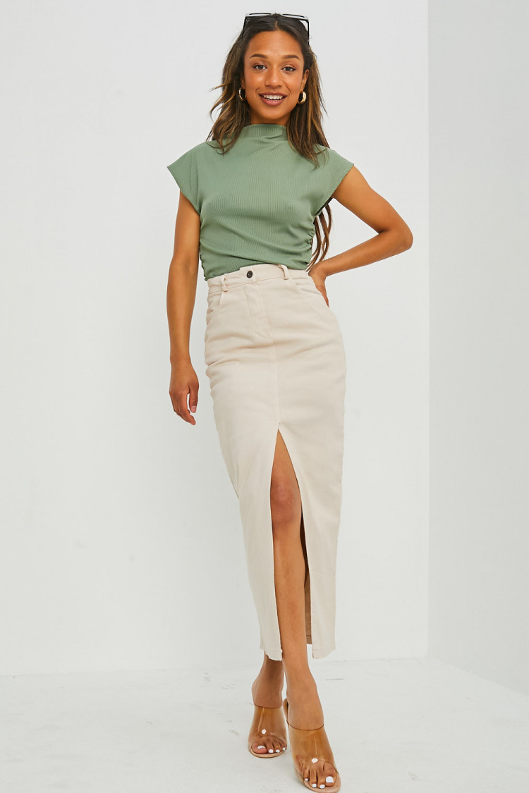 Jupe droite beige en jean fundu