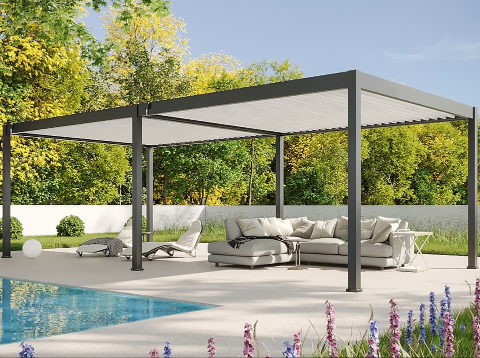 Pergola bioclimatique 4x8 aluminium - eclipse 32 anthracite autoportee - certifié resistant uv - lames inclinables
