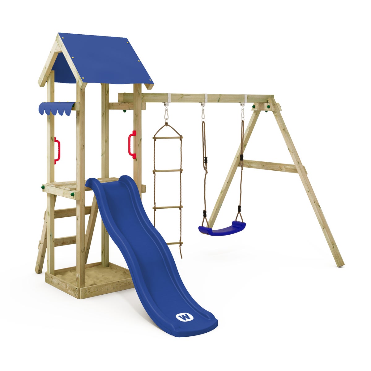 WICKEY TinyCabin Speeltoren Klimrek met Schommel en Glijbaan, Klimtoren met Zandbak, Ladder en Speelaccessoires - Blauw