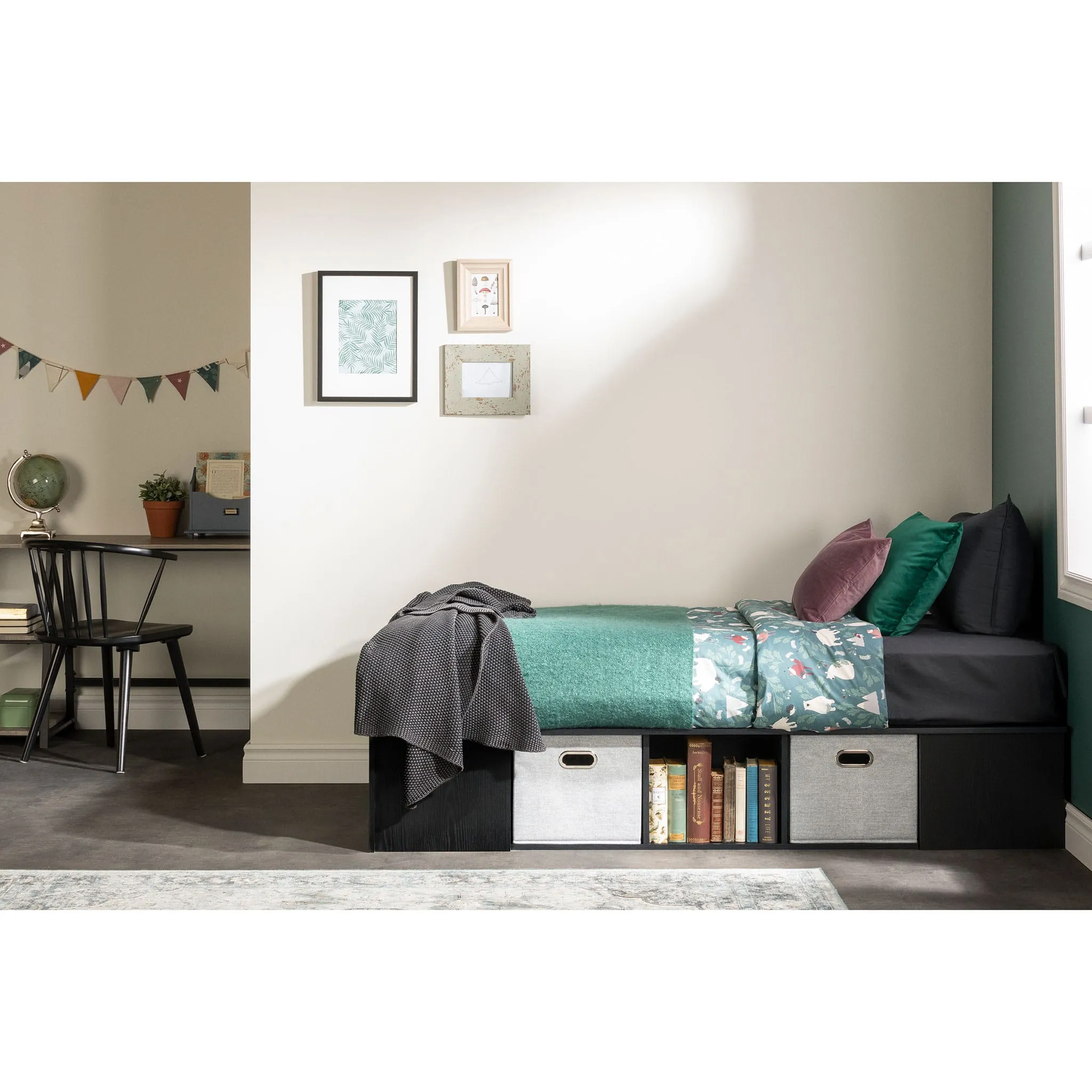 South Shore Lit Simple Plateforme avec Paniers Flexible - Chêne Noir