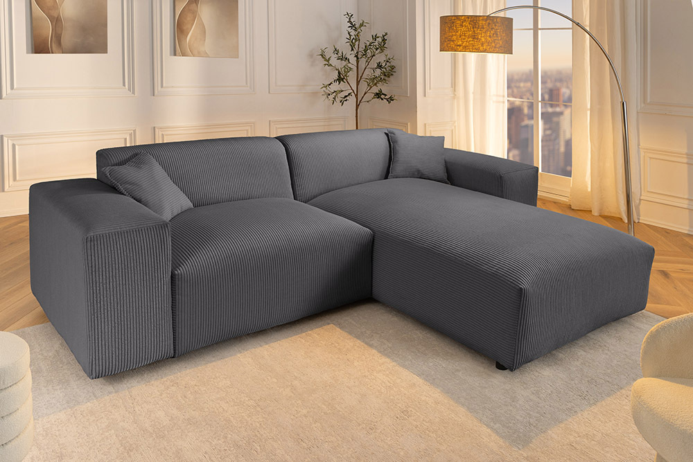 Modernes Ecksofa SIGNATUR 260cm anthrazit Cord beidseitig stellbar inkl. Kissen