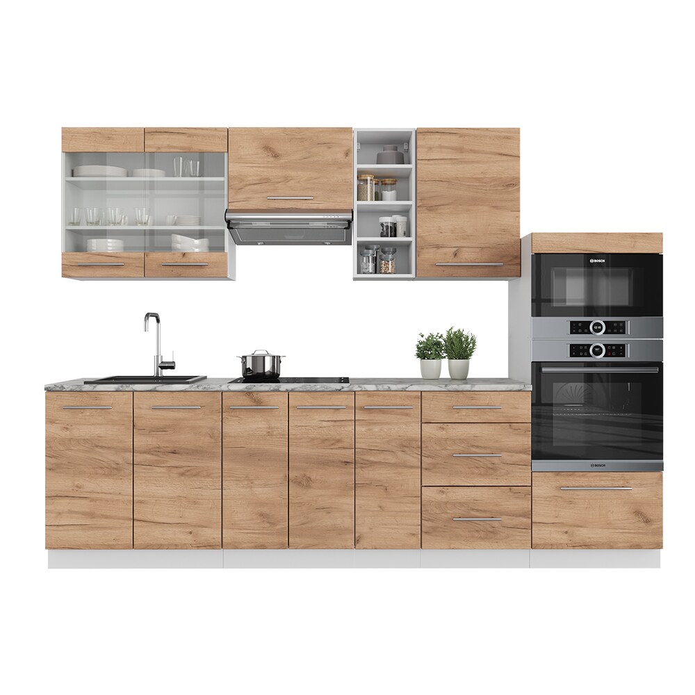Vicco Küchenzeile Küchenblock Einbauküche Fame-Line Weiß Eiche 280 cm modern Küchen Schränke Spülenunterschrank Unterschrank Schubunterschrank Hängeschrank Mikrowellenschrank Apothekerunterschrank