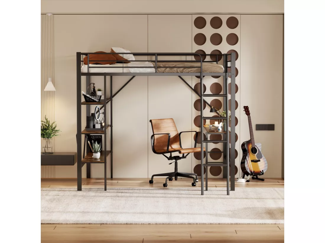 Lit mezzanine 90x200cm, cadre en métal, lit surélevé avec échelle, bureau et 3 grandes étagères pour enfants, adolescents, noir