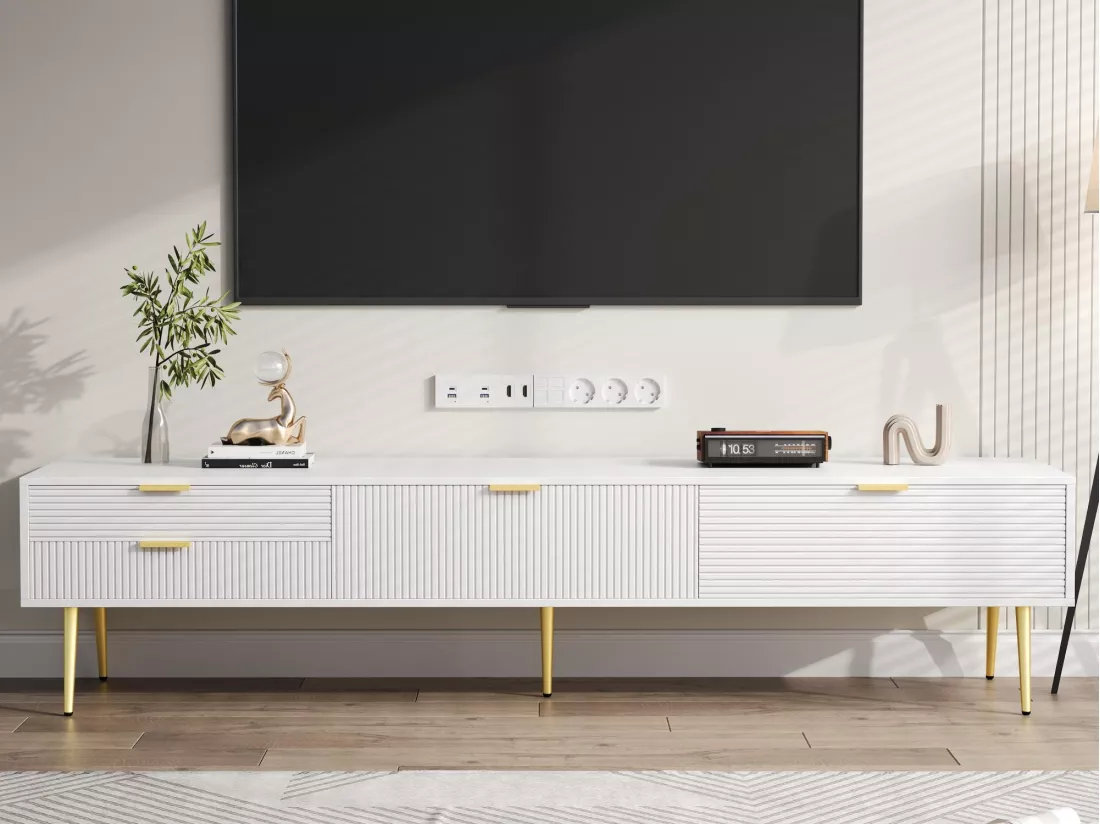 Meuble TV moderne 170 cm - avec 2 tiroirs et 2 portes - Blanc