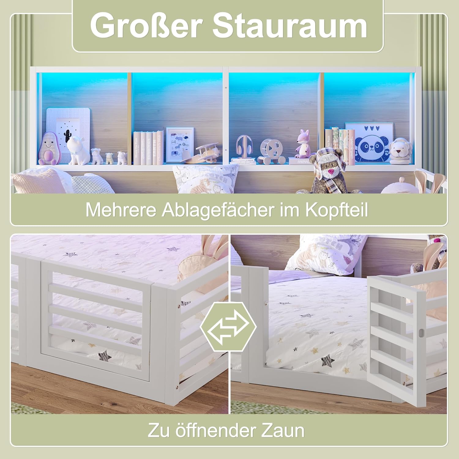 Kinderbett Bodenbett 140x200, Hausbett mit Rausfallschutz&Lattenrost, Montessori Bett mit 4 Staufächer&LED-Beleuchtung&Tür, Doppelbett Gitterbett Metallbett Bettgestell Spielbett, Ohne Matratze, Weiß