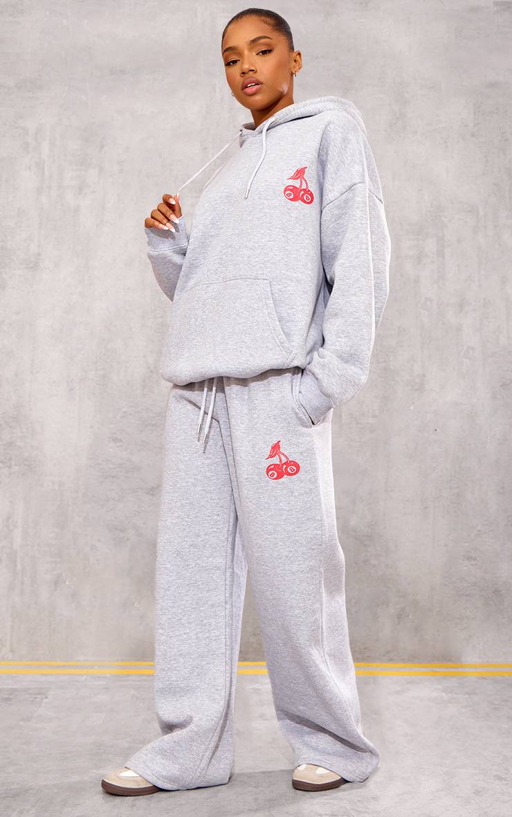 Gris Chiné Jogging Large À Jambes Amples Imprimé Cerises