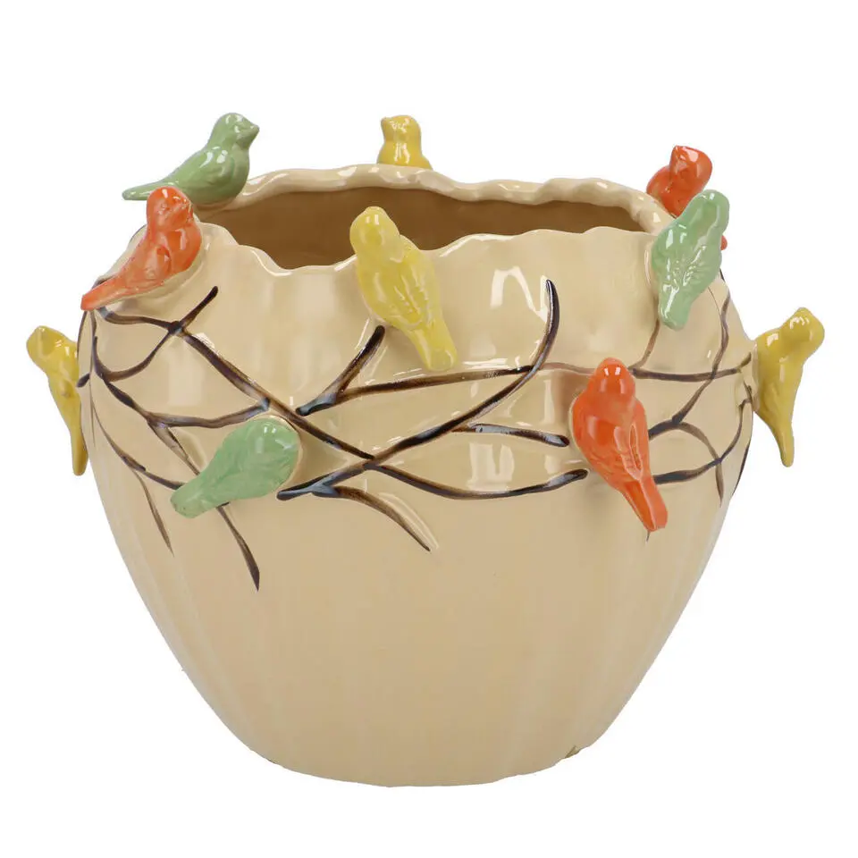DK Design Bloempot/plantenpot Vogels - zandkleurig - D19 x H15 cm