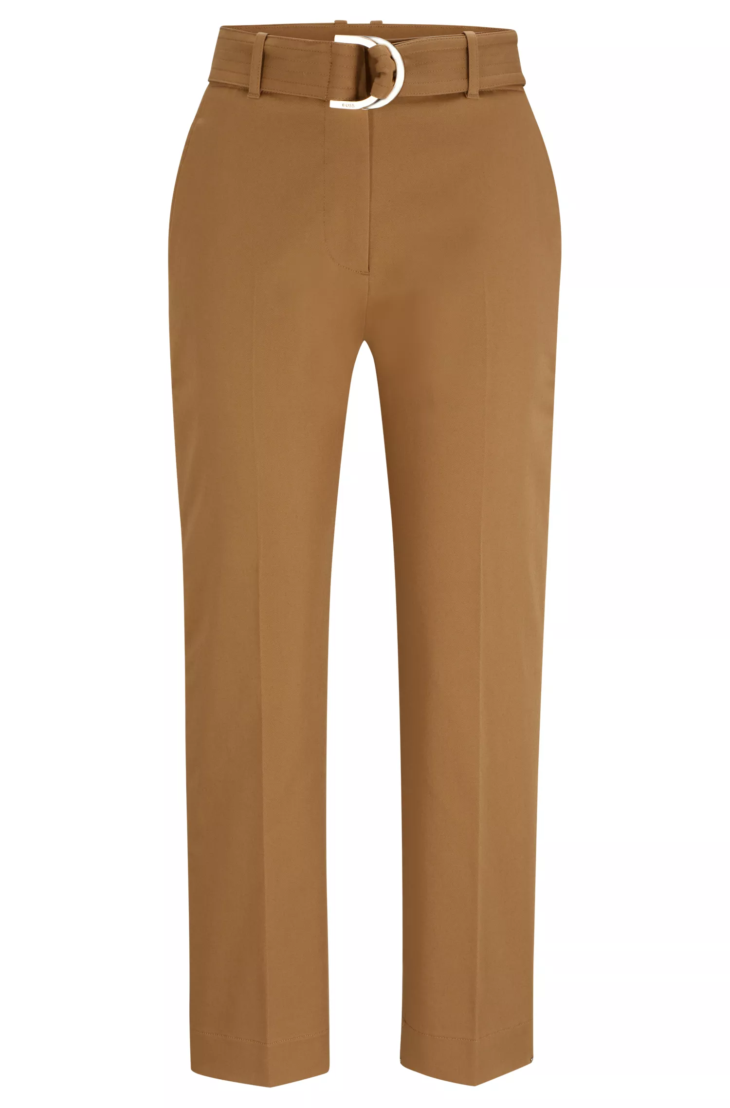Calça BOSS cor camelo, corte regular, em algodão elástico, com cinto de argola em D.
