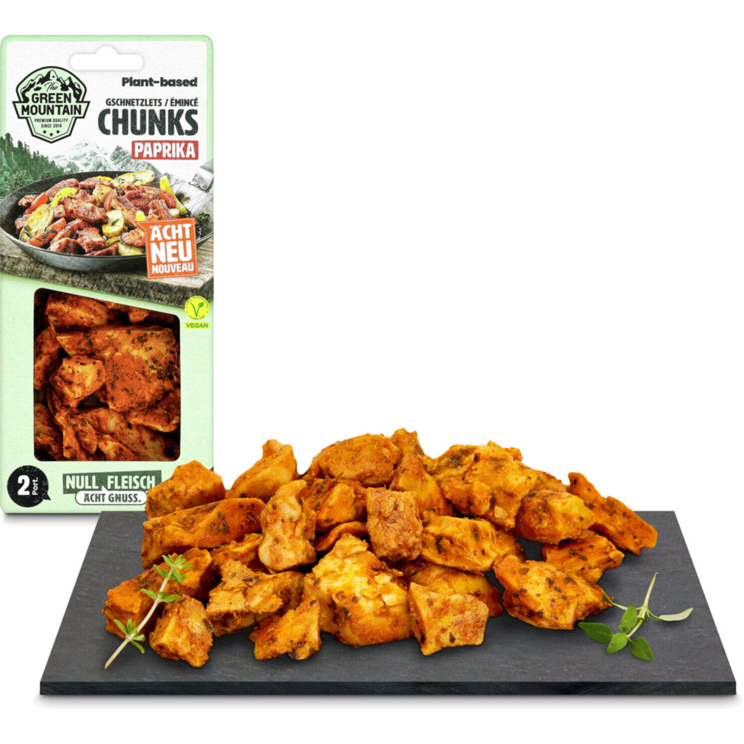 The Green Mountain plant-based vegane Alternative zu Poulet Chunks Paprika -